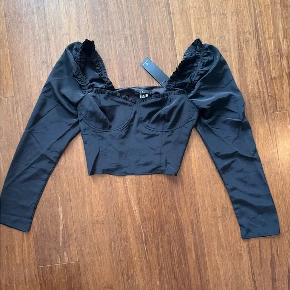 Lulus Corset blouse long-sleeve crop black top size small NWT - Picture 2 of 5